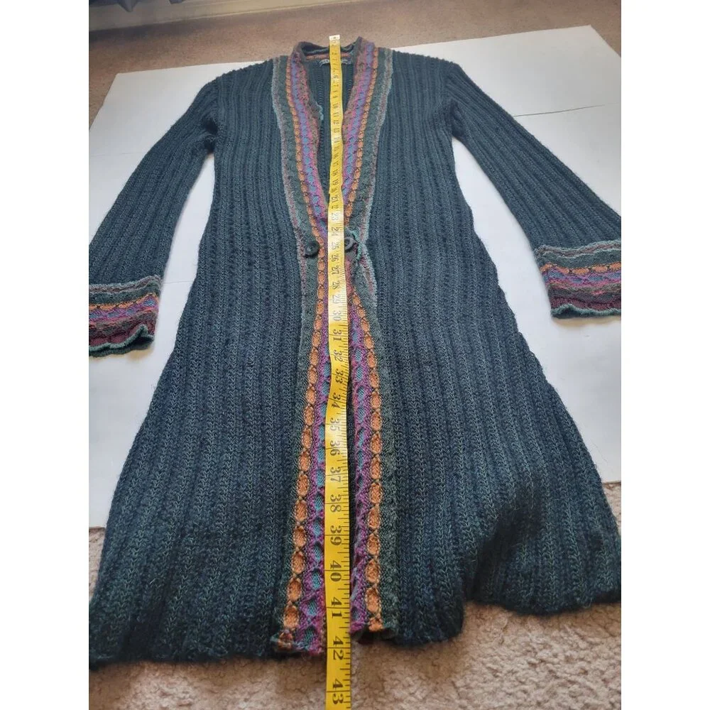 Peruvian Connection Hunter Green Long Duster Size S Bohemian Hippie Lagenlook - Picture 10 of 11